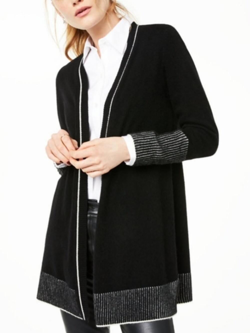 Charter Club Luxury 100% Cashmere Black Open-Front Cardigan White Contrast Trim